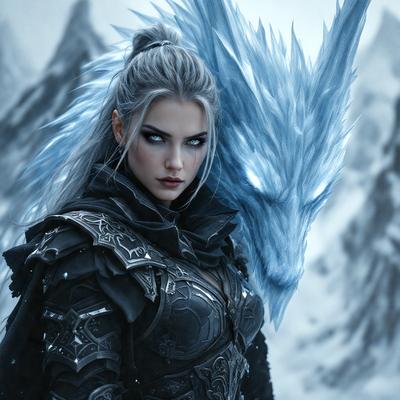 The primary subject of the image is a woman dressed in a black and silver outfit, standing in front of a blue dragon. The setting appears to be a snowy environment, with the woman and the dragon being the main focus of the scene. The visual style of the image is a digital art or illustration, with the woman and the dragon being the main objects in the picture. The colors and mood of the image are predominantly dark and cold, with the blue dragon adding a touch of color and fantasy